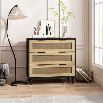 31.5" Black Rattan 3-Drawer Cabinet