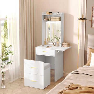 White Vanity Desk – Compact, Mirror & Lights