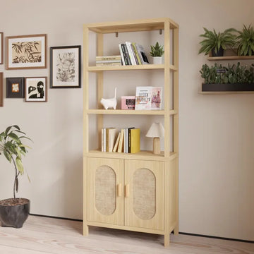 Natural Wood 4-Layer Display Cabinet with Rattan