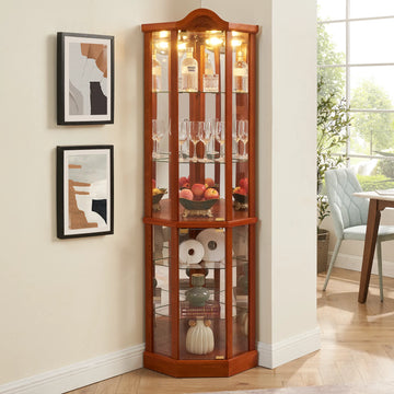 Cherry Lighted Corner Curio Cabinet
