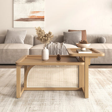 Natural Rattan & Wood 2-Piece Nesting Coffee Table