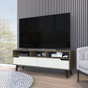 Dark Walnut & White TV Stand - 2 Drawers, 3 Shelves