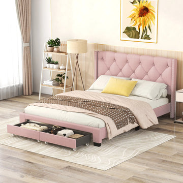 Queen Platform Bed - Pink, Storage Drawers