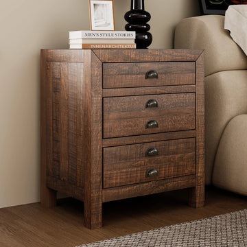 Rustic Pine Nightstand – 3 Drawers, Charging