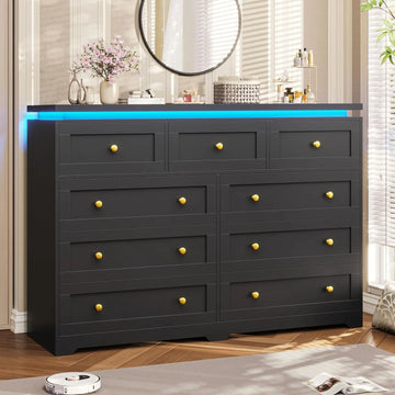 Black 9 Drawer Dresser with LED for Closet