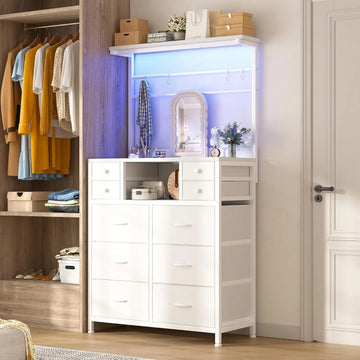 10 Drawer White Fabric Chest with Shelves