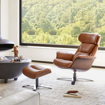 Leather Swivel Recliner with Ottoman Adjustable Headrest Saddle