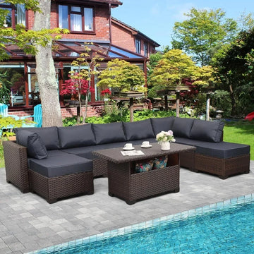 9-Piece Wicker Sectional Sofa Set - Navy Blue Cushions and Storage Table Included