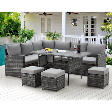 7-Piece Wicker Patio Furniture Set - Outdoor Dining Table, Chairs, Ottoman Included