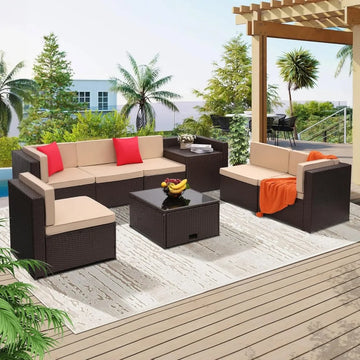 8-Piece Outdoor Wicker Sectional Set - Glass Top Table with Hidden Storage and Seating