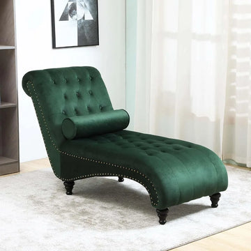 Button-Tufted Velvet Chaise with Bolster Pillow Nailhead Trim Legs
