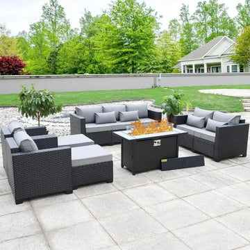7-Piece Outdoor Furniture Set - Fire Pit Table, Non-Slip Cushions, Waterproof Cover Included