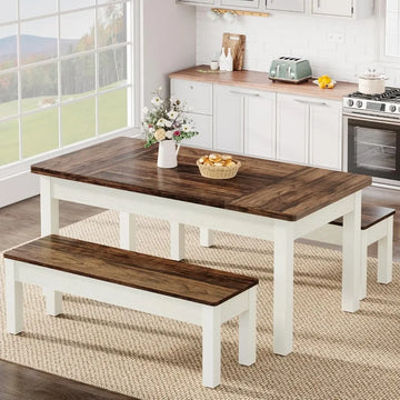 3-Piece Dining Table Set - 55" Wood Table with 2 Benches, Space-Saving Design