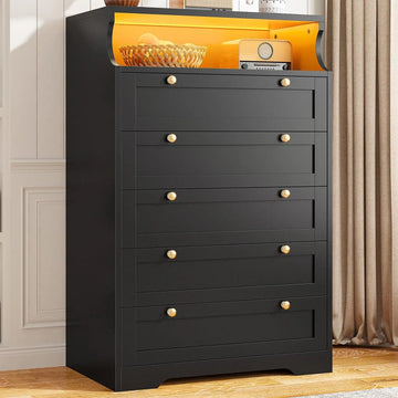 EnHomee Black 5 Drawer LED Dresser with Shelves
