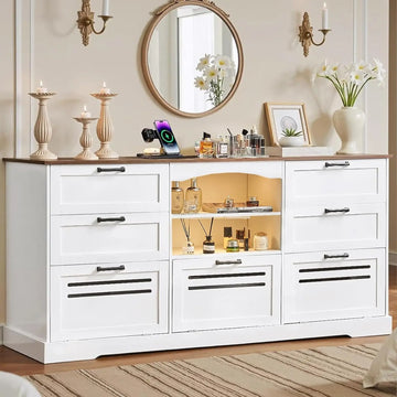 Rustic 7 Drawer Chest with Lights and Cabinets
