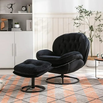 Velvet Swivel Chair with Ottoman - Modern Comfy Armchair with Footrest and Swivel Base