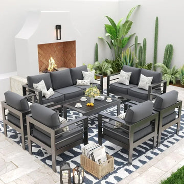 7-Piece Oversized Aluminum Patio Set - 9-Seat Modern Outdoor Furniture with Cushions