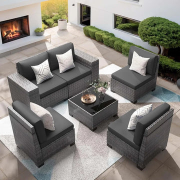 6-Piece PE Rattan Outdoor Sofa Set - Sectional Conversation Set with Thick Cushions