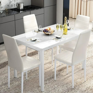 4-Piece Marble Dining Table Set - PU Leather Chairs, Compact Kitchen Furniture