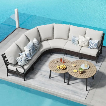 8-Piece Half-Moon Patio Furniture Set - Curved Sectional with 2 Coffee Tables for 6