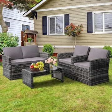 4-Piece Patio Conversation Set - Cushioned Wicker Sofa Ideal for Garden and Porch