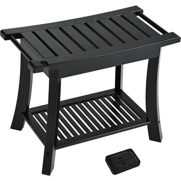 Black Bamboo Shower Stool with Shelf for Spa & Shaving