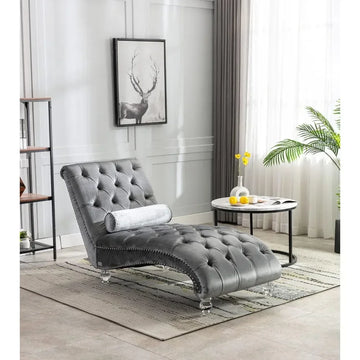 Velvet Tufted Chaise Lounge with Pillow Acrylic Legs Sleeper Chair