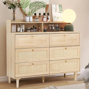 Rattan 6 Drawer Dresser with Shelves & Charging