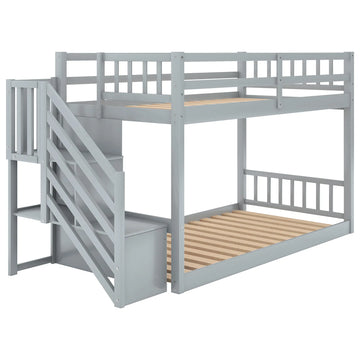 Twin-over-Twin Floor Bunk Bed – Gray, Storage
