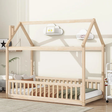 Natural Wood Twin House Bed with Guardrails