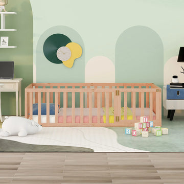 Twin Wood Floor Bed with Fence & Swing