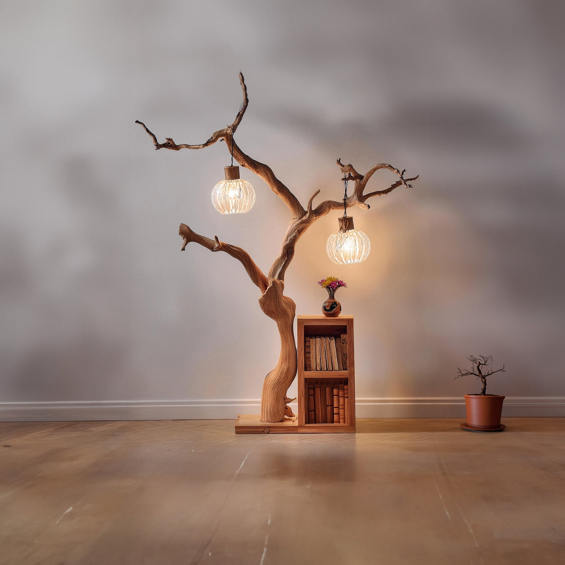 Custom Tree Branch Lamp Floating Wall Bookshelf Decor