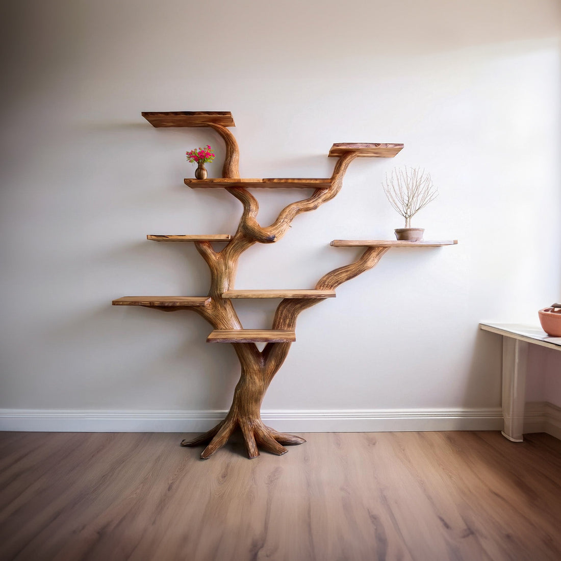 Carved Wood Tree-Inspired Bookshelf