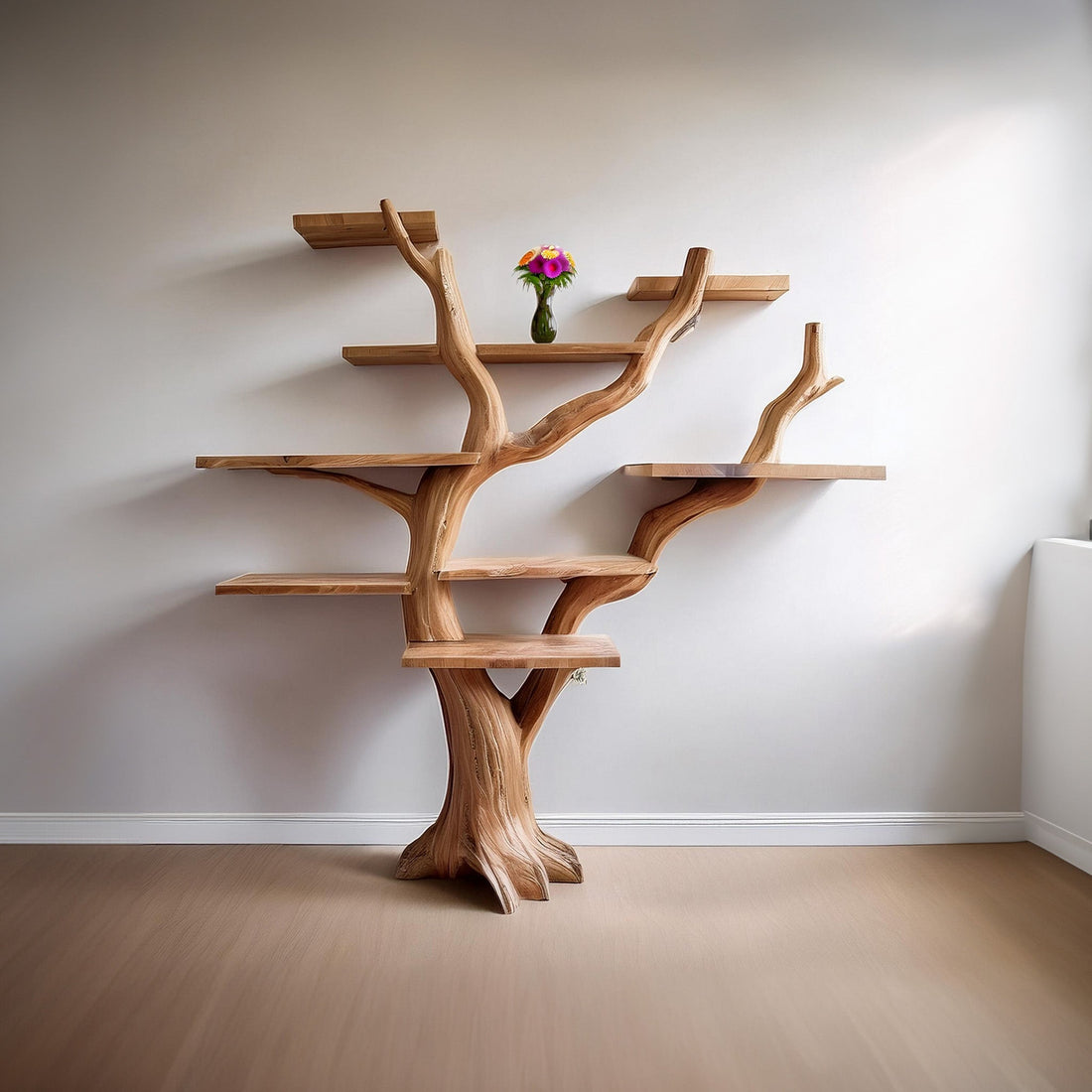 Rustic Tree Bookshelf with Detailed Wood Carvings