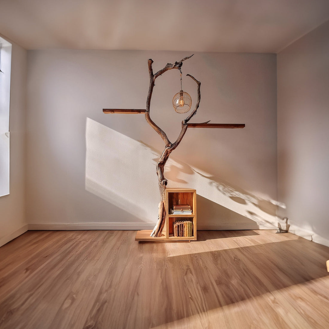 Floating Bookshelf with Tree Branch Lamp for Stylish Use