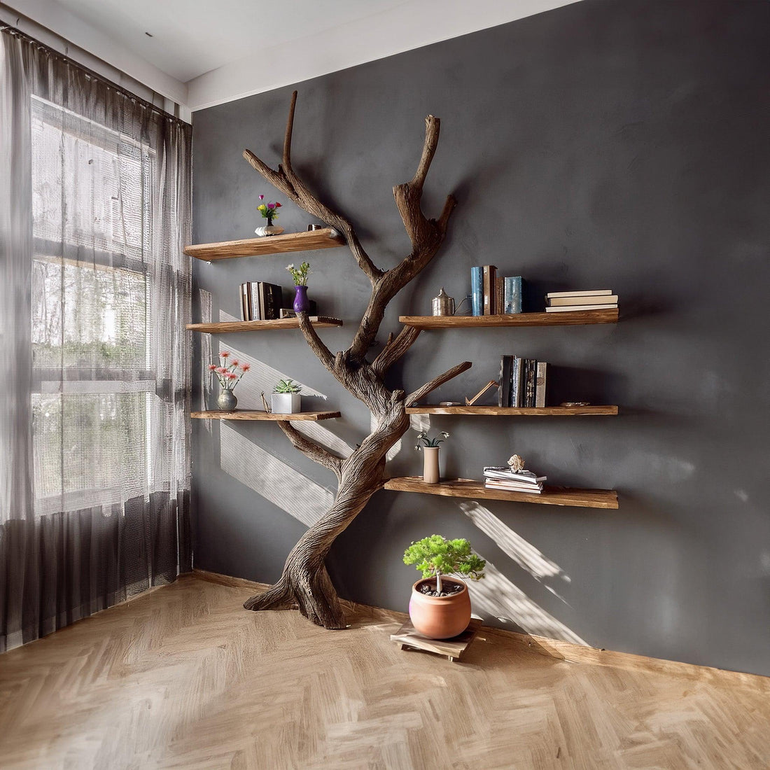 Solid Wood Tree Branch Floating Bookshelf for Wall Decor