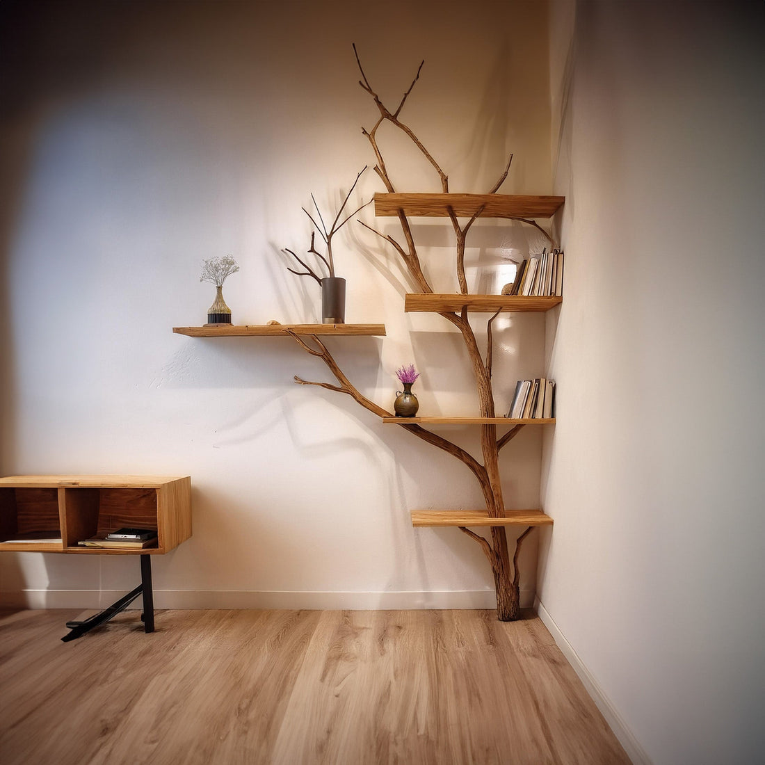 Live Edge Tree Bookshelf with Functional Branch Shelves