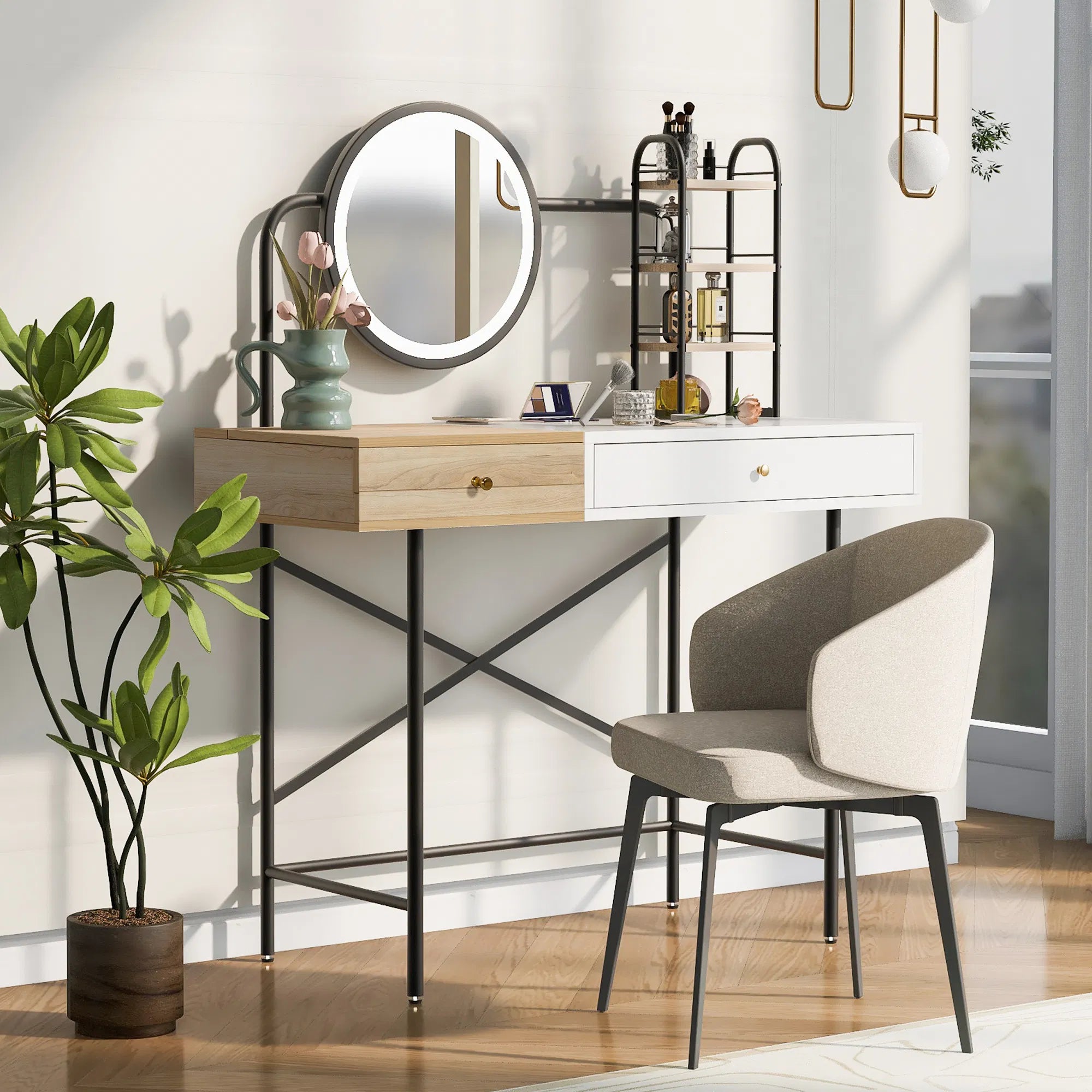 40" Vanity Desk – Lighted Mirror, Charging