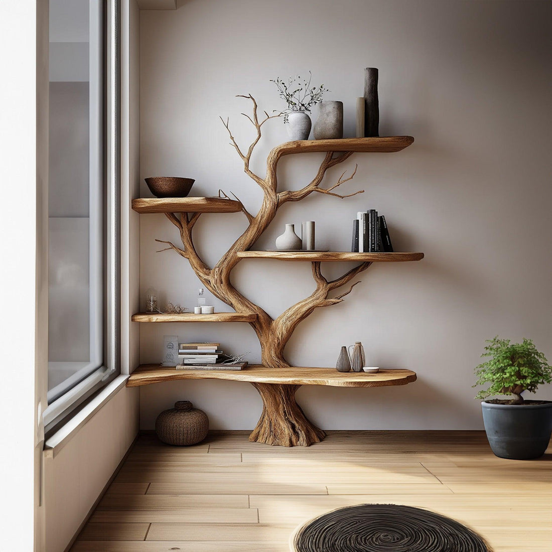 Live Edge Solid Wood Corner Bookshelves with Tree Design