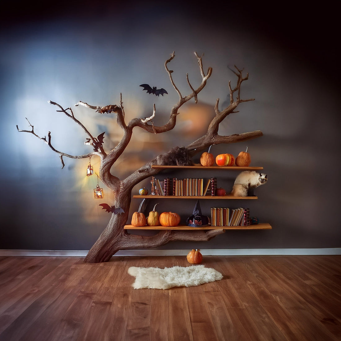 Handmade Halloween Tree Branch Bookcase for Festive Decor