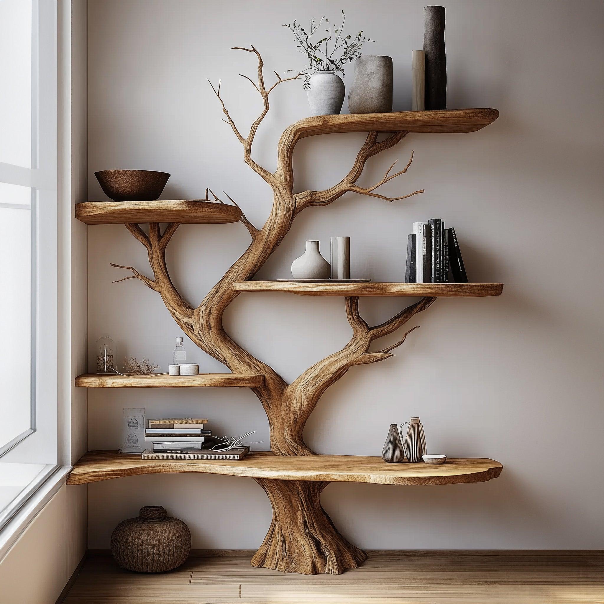 Live Edge Solid Wood Corner Bookshelves with Tree Design