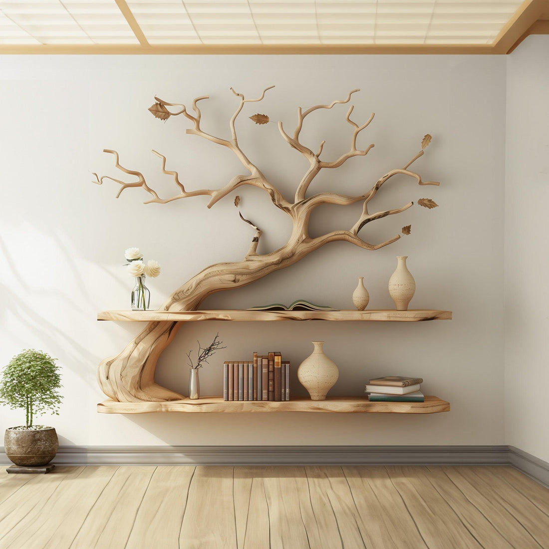 Rustic Tree Branch Floating Bookshelf as Wall Art