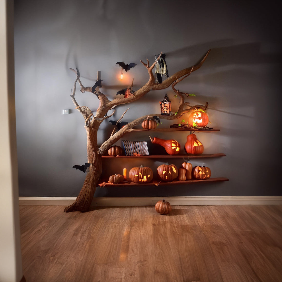 Halloween-Themed Live Edge Tree Branch Shelves