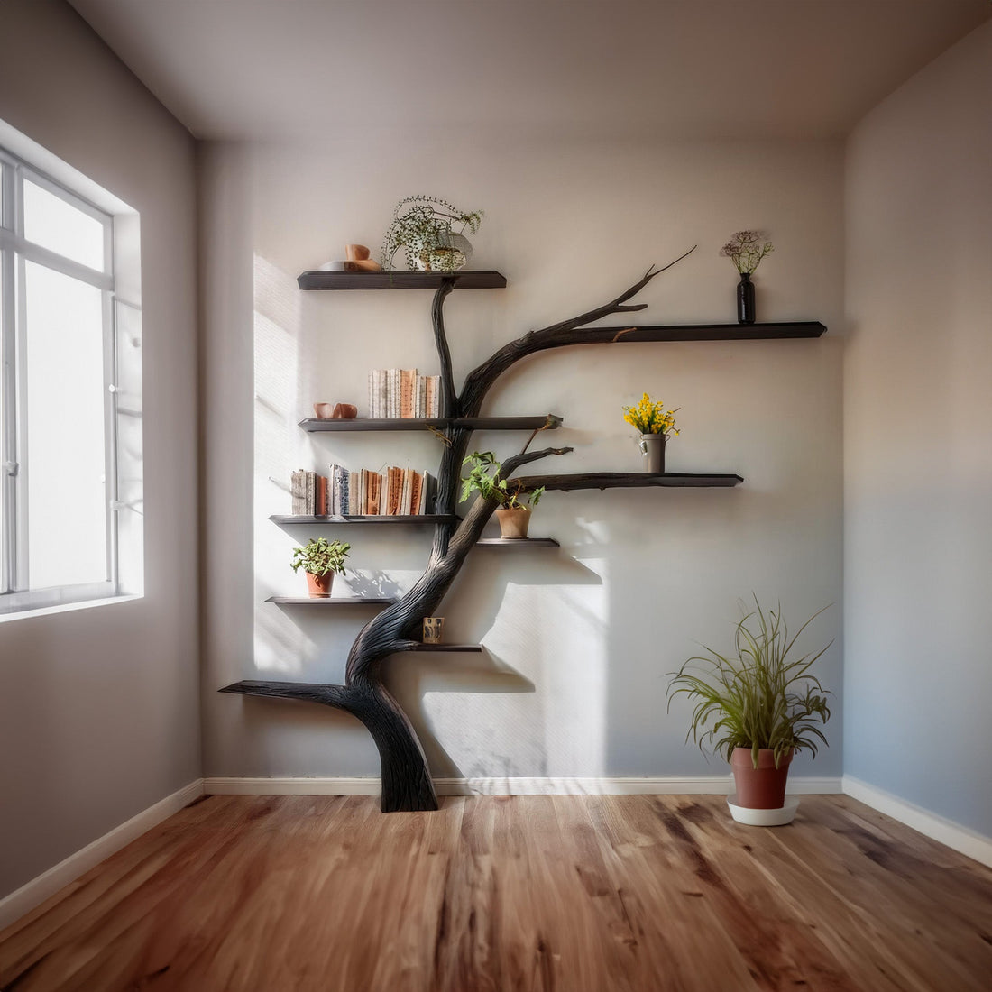 Handcrafted Tree Branch Shelf and Bookcase Combination