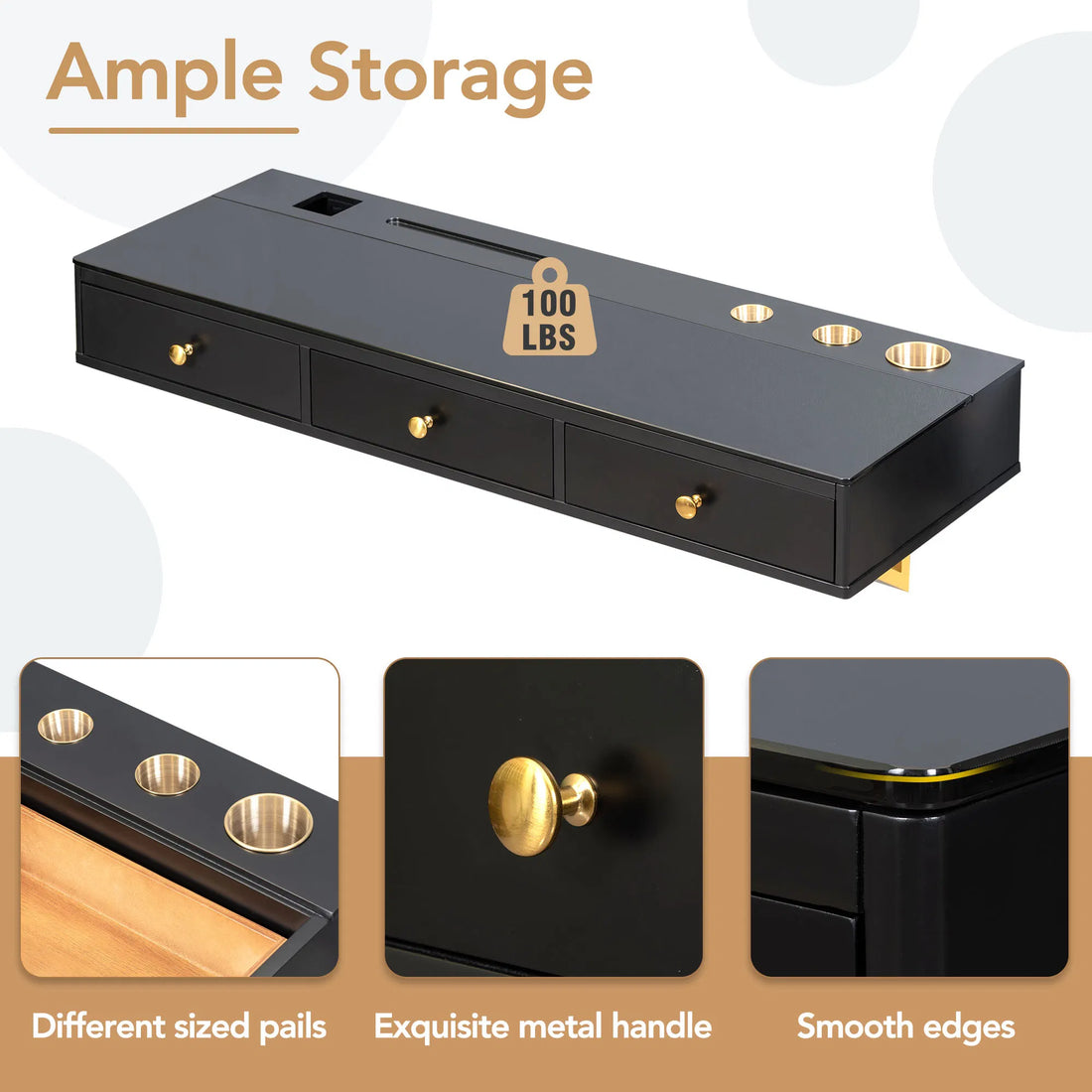 47" Floating Shelf – Black/Gold, Wall-Mounted