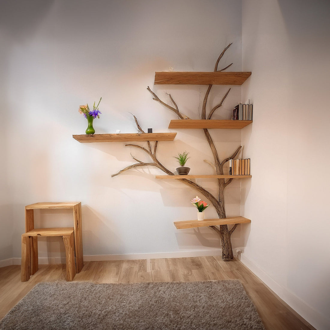 Solid Wood Tree Bookshelf with Branch Shelf Features