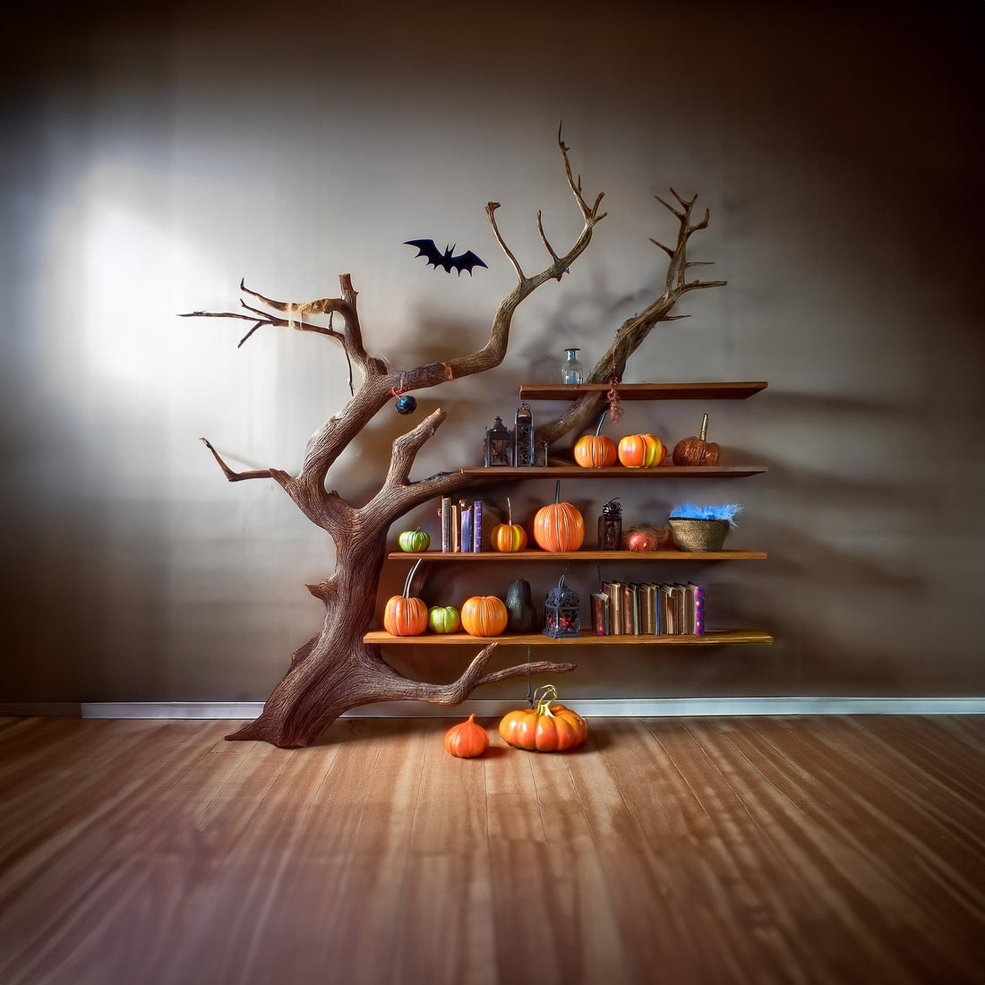 Solid Wood Halloween Tree Bookshelf for Seasonal Charm