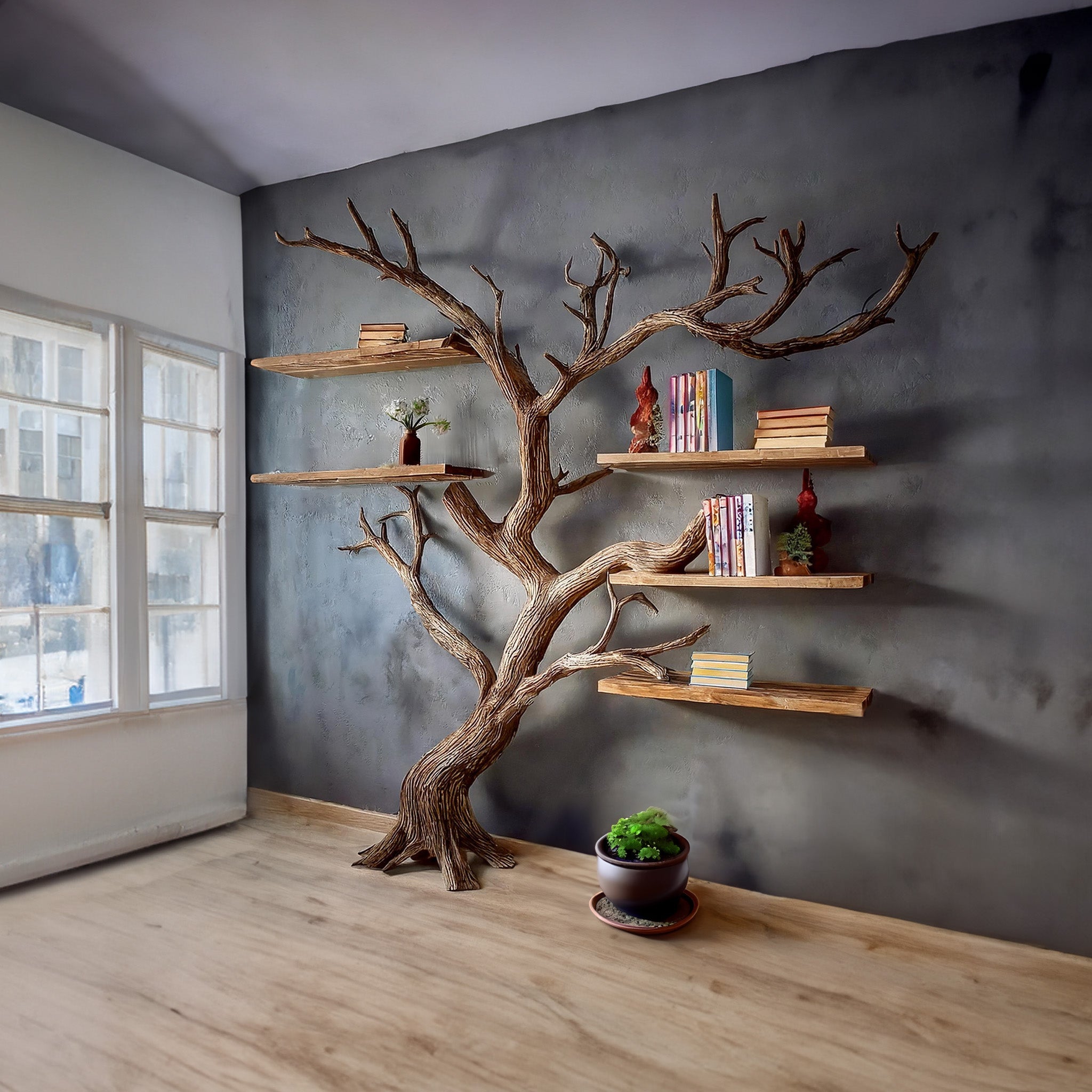 Mid-Century Inspired Tree Branch Floating Shelves Bookcase