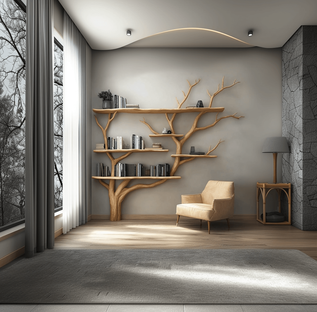 Handmade Floating Tree Bookshelf with Natural Edge