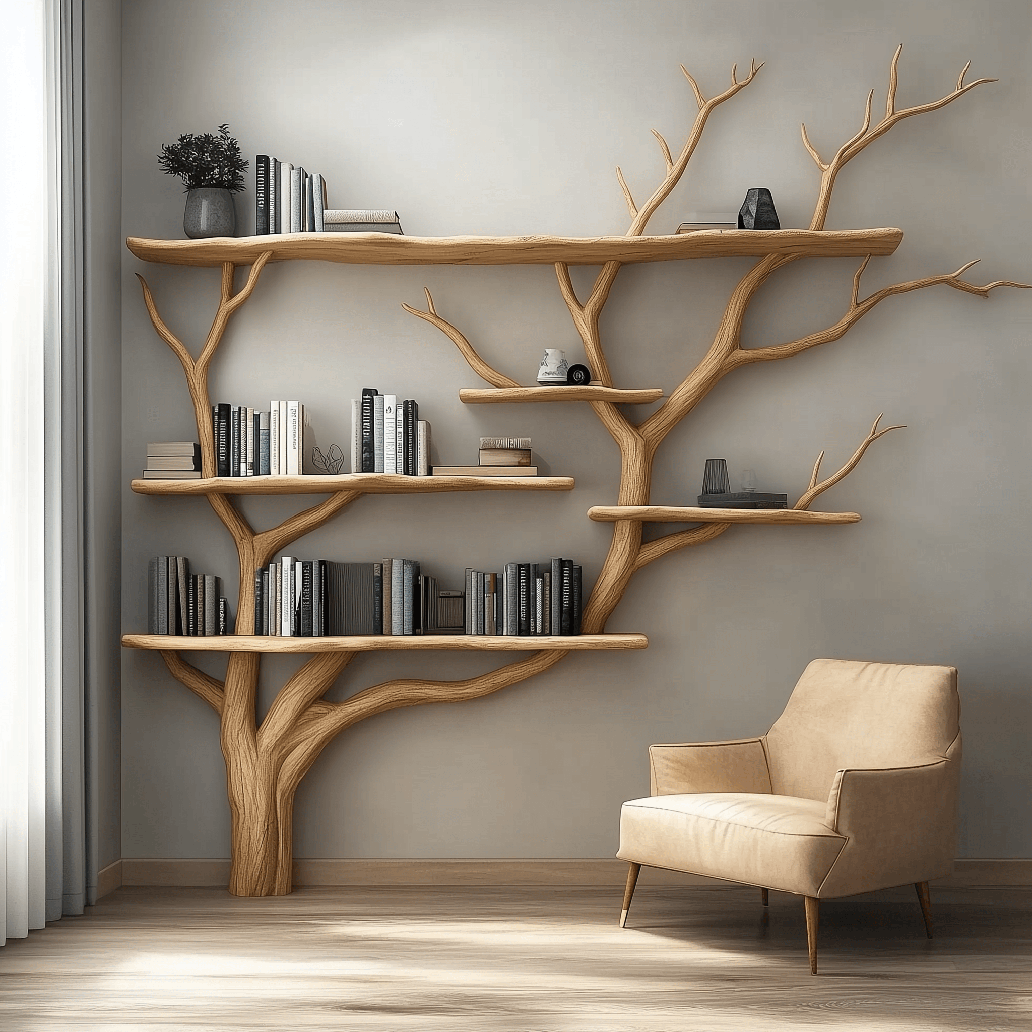 Handmade Floating Tree Bookshelf with Natural Edge